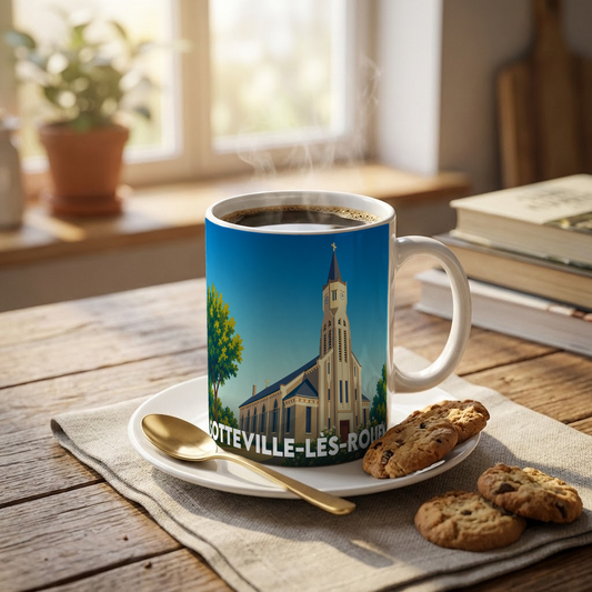 Mug souvenir de la ville de Sotteville-lès-Rouen avec une illustration stylisée d'une église sous un ciel bleu.