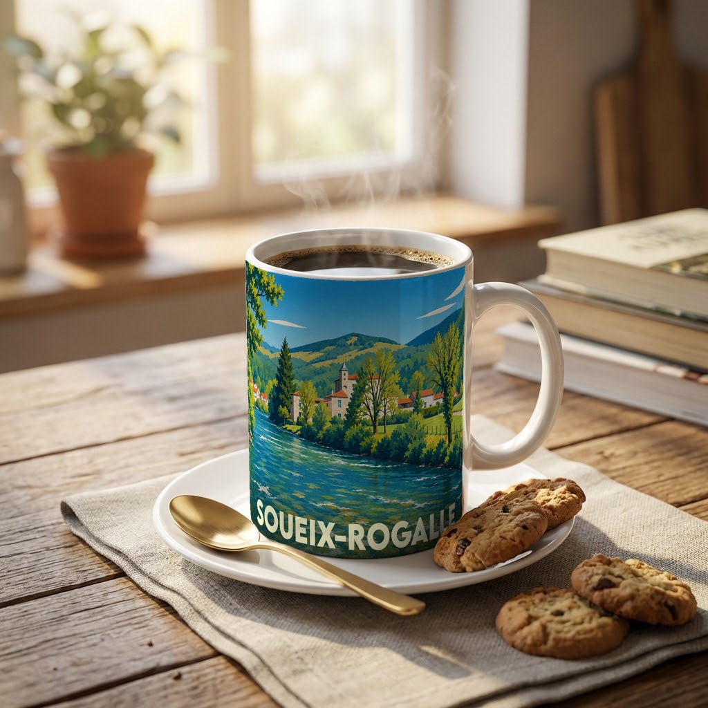 Mug souvenir de la ville de Soueix-Rogalle orné d'une illustration paysagère stylisée.