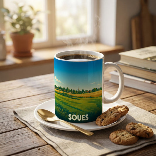Mug souvenir de la ville de Soues orné d'une illustration champêtre stylisée.