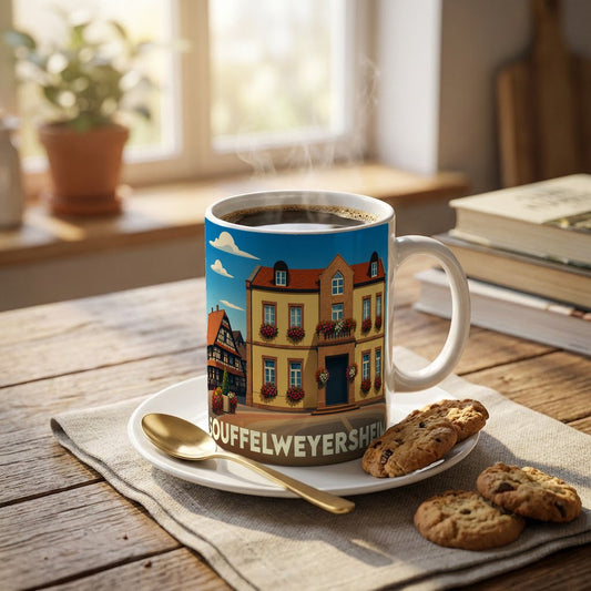 Mug souvenir de la ville de Souffelweyersheim orné d'une illustration stylisée de ses façades traditionnelles fleuries.