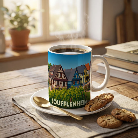 Mug souvenir de la ville de Soufflenheim orné d'une illustration colorée de maisons à colombages.