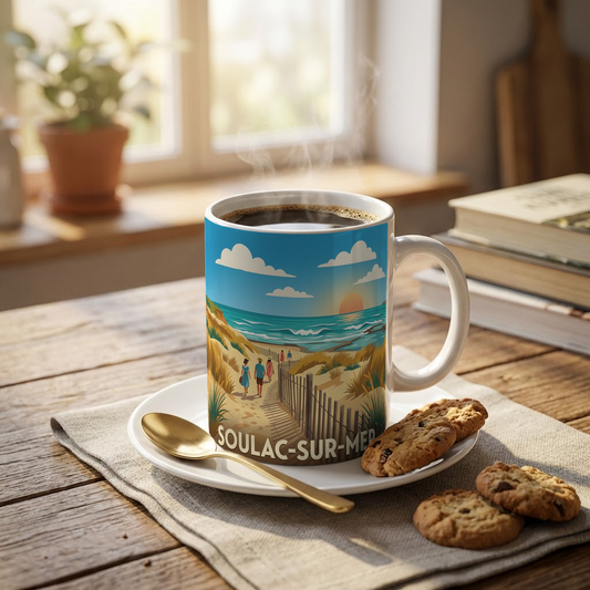 Mug souvenir de la ville de Soulac-sur-Mer avec une illustration côtière stylisée.