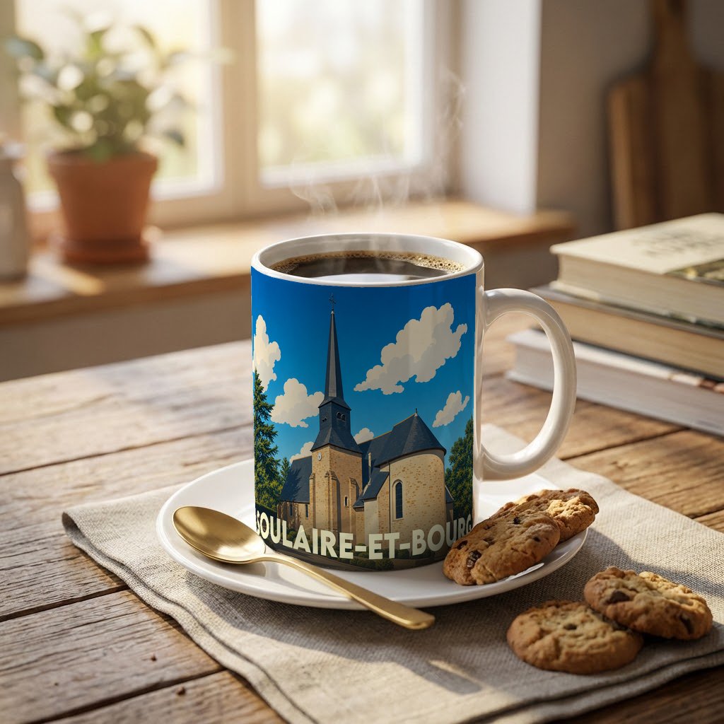Mug souvenir de la ville de Soulaire-et-Bourg illustré d'une église sous un ciel bleu.
