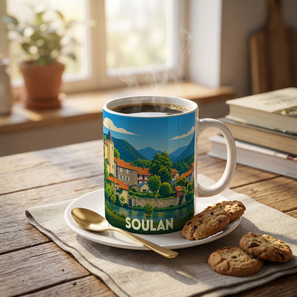 Mug souvenir de la ville de Soulan orné d'une illustration paysagère stylisée.