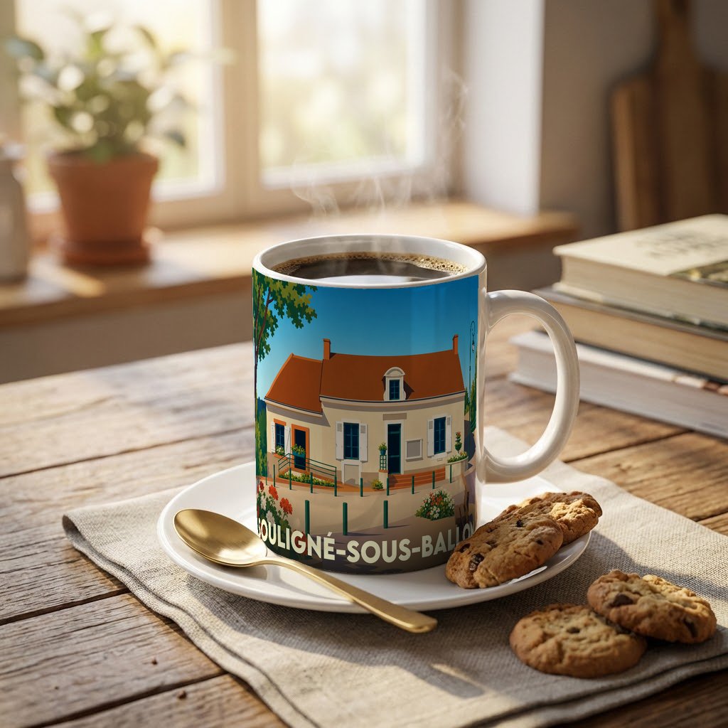 Mug souvenir de la ville de Souligné-sous-Ballon orné d'une illustration stylisée d'une maison traditionnelle.