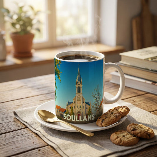 Mug souvenir de la ville de Soullans avec une illustration stylisée de son église.