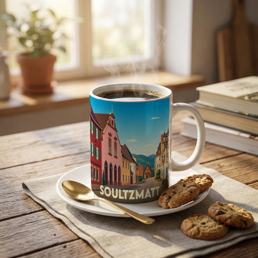 Mug souvenir de la ville de Soultzmatt illustré de maisons colorées typiques.