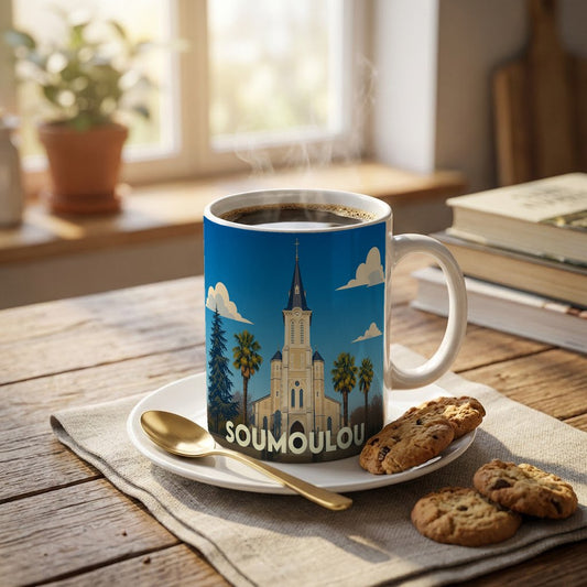 Mug souvenir de la ville de Soumoulou orné d'une illustration stylisée de son église et de palmiers.