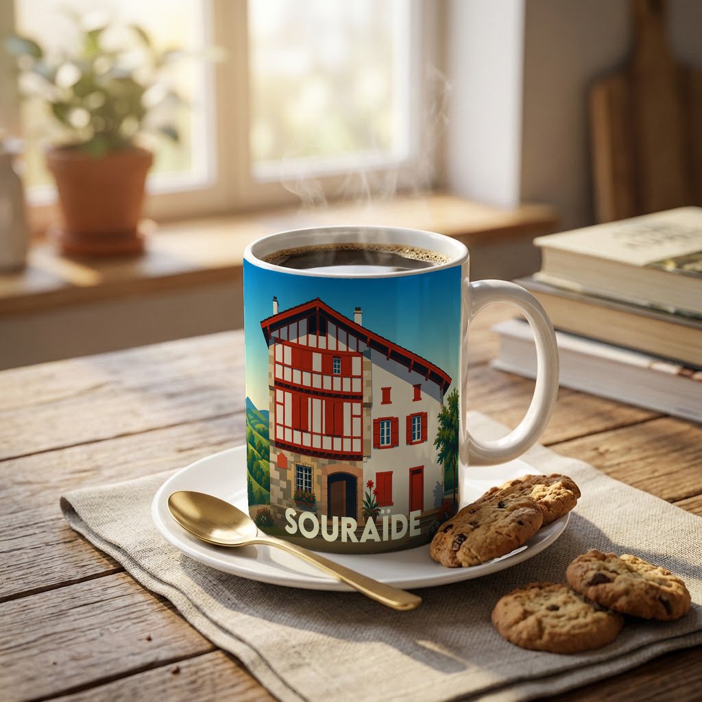 Mug souvenir de la ville de Souraïde avec une illustration stylisée d'une maison basque traditionnelle.