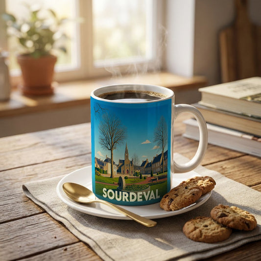 Mug souvenir de la ville de Sourdeval avec une illustration stylisée de son église et de ses paysages.