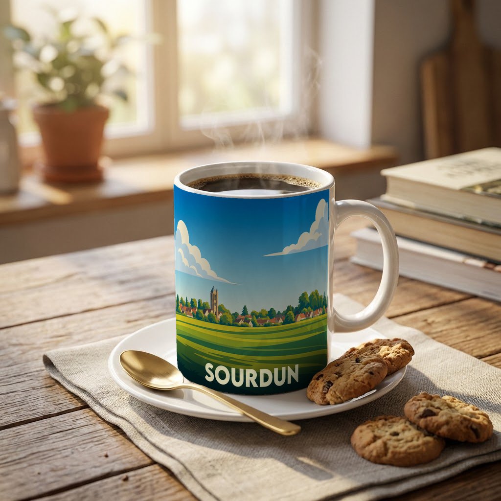 Mug souvenir de la ville de Sourdun avec une illustration de paysage champêtre.