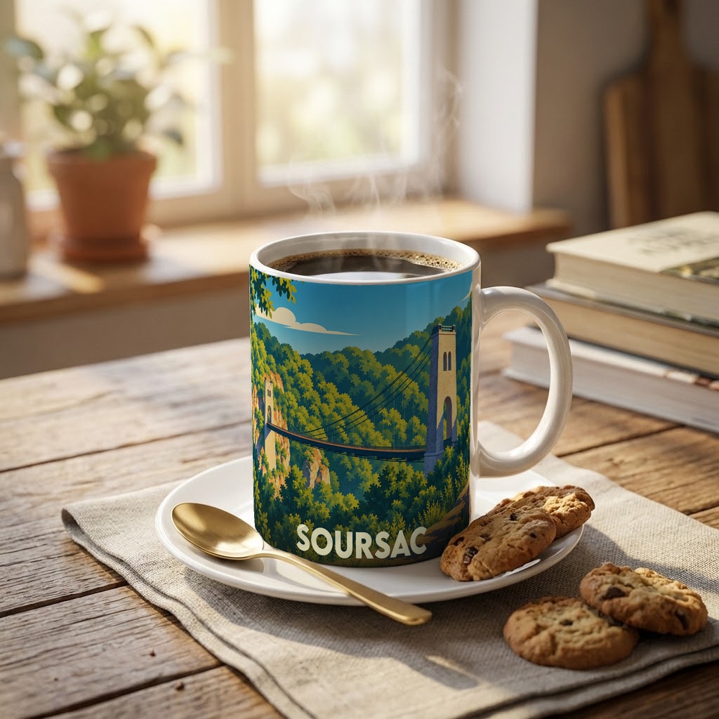 Mug souvenir de la ville de Soursac orné d'une illustration stylisée de son pont suspendu dans un paysage verdoyant.