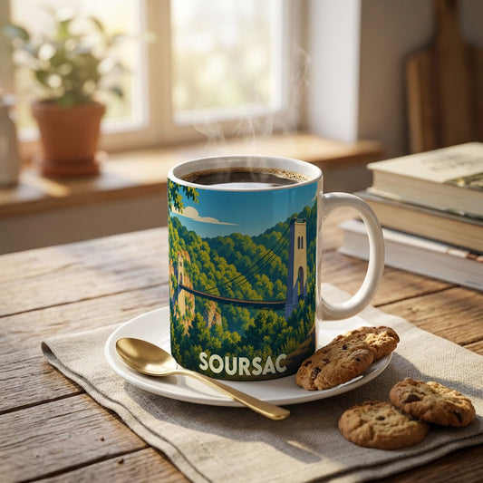 Mug souvenir de la ville de Soursac orné d'une illustration stylisée de son pont suspendu dans un paysage verdoyant.