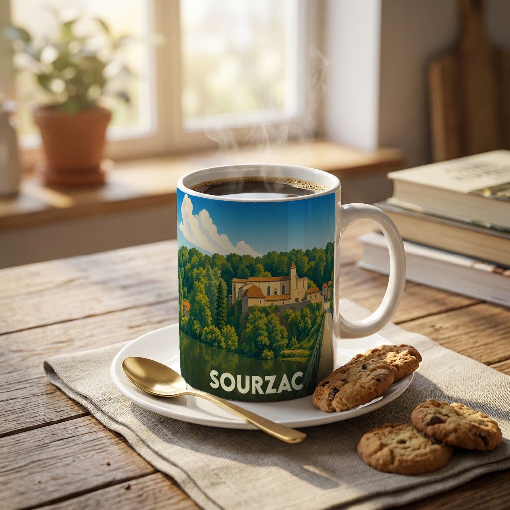 Mug souvenir de la ville de Sourzac orné d'une illustration stylisée de ses monuments au bord de l'eau.