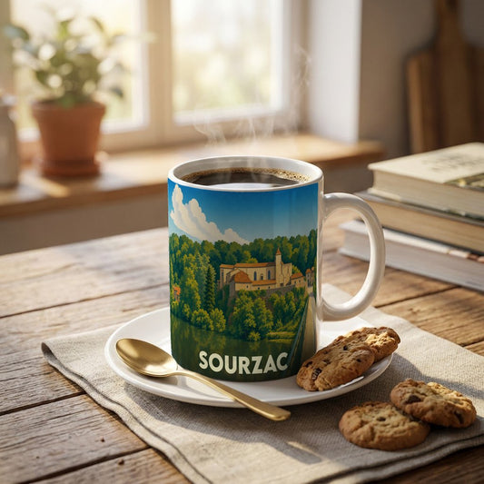 Mug souvenir de la ville de Sourzac orné d'une illustration stylisée de ses monuments au bord de l'eau.