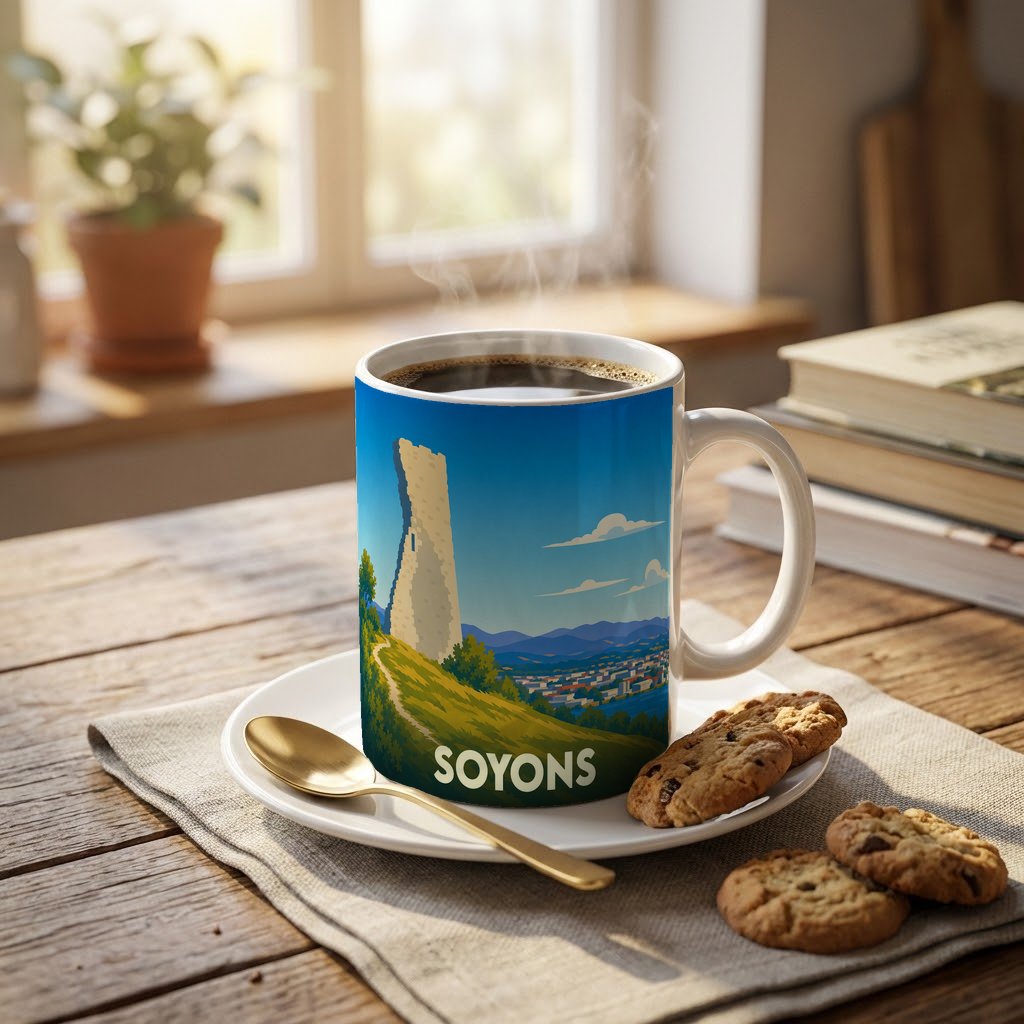 Mug souvenir de la ville de Soyons avec une illustration stylisée d'une tour médiévale.