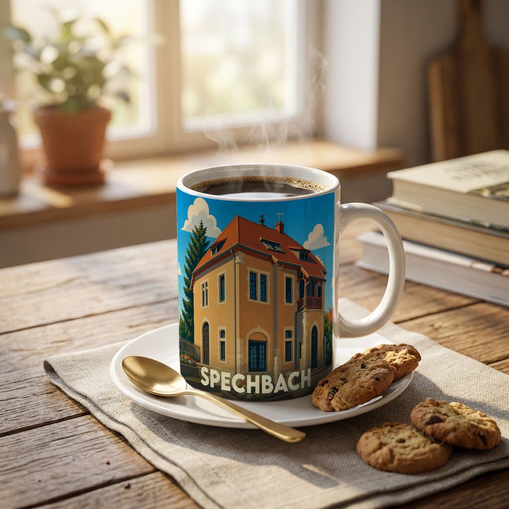Mug souvenir de la ville de Spechbach avec une illustration stylisée d'un bâtiment traditionnel.