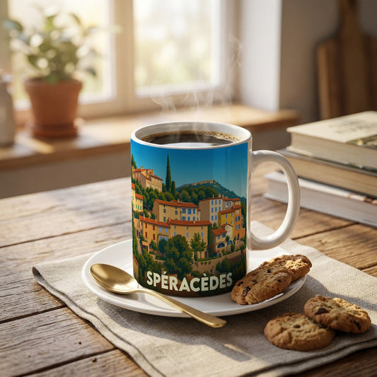 Mug souvenir de la ville de Spéracèdes orné d'une illustration colorée et stylisée du village.