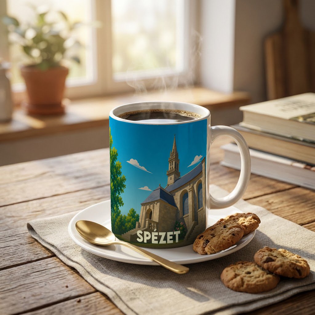 Mug souvenir de la ville de Spézet illustré d'une église sous un ciel bleu.