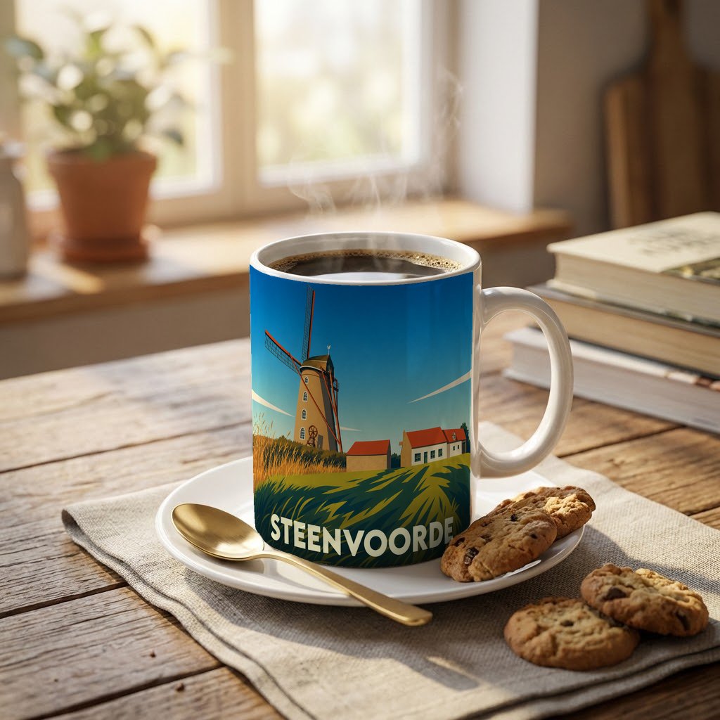 Mug souvenir de la ville de Steenvoorde illustré d'un moulin à vent dans un style graphique rétro.