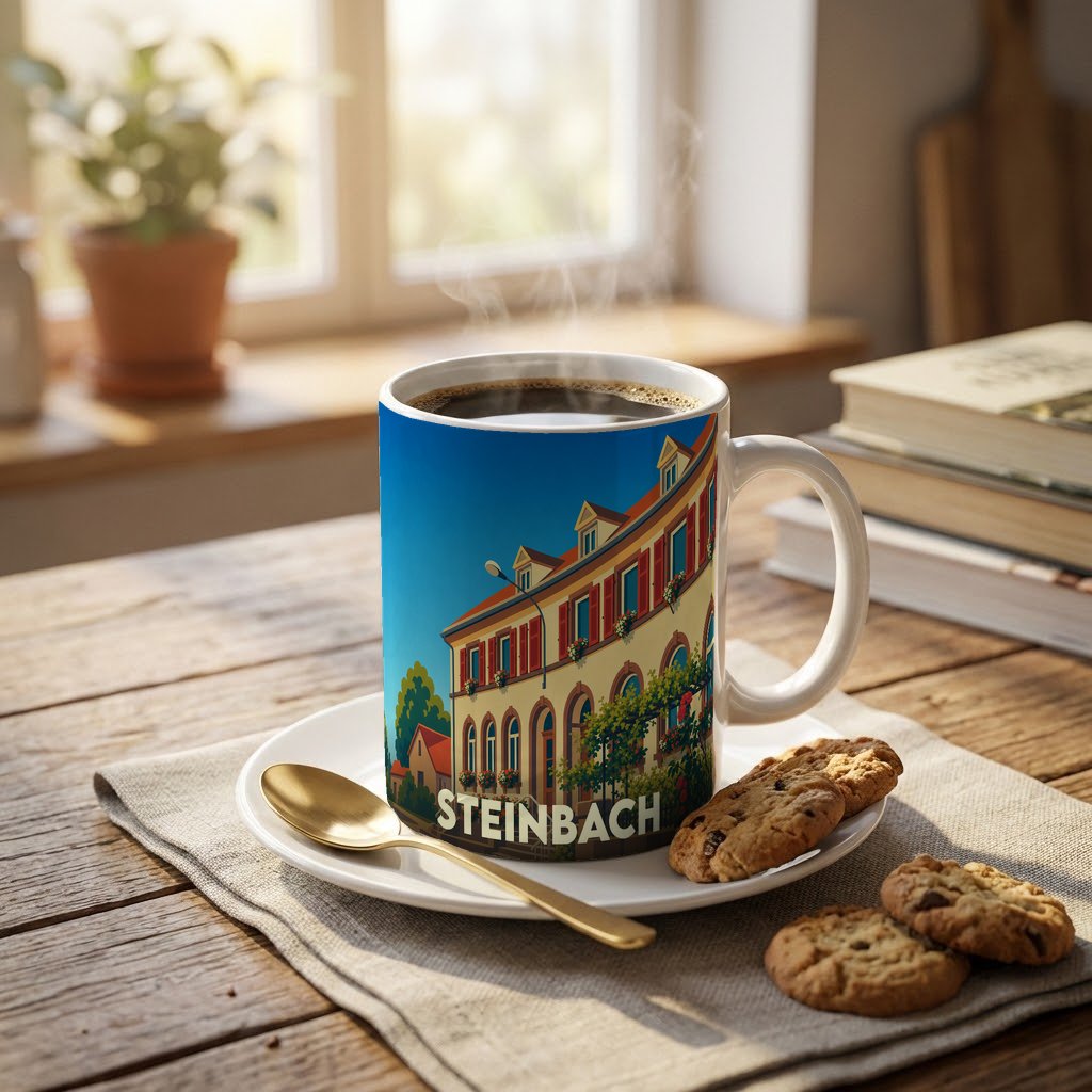 Mug souvenir de la ville de Steinbach orné d'une illustration colorée et stylisée de son architecture.