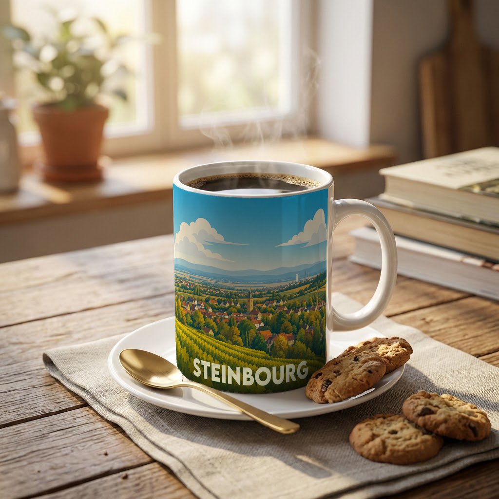 Mug souvenir de la ville de Steinbourg orné d'une illustration paysagère stylisée.