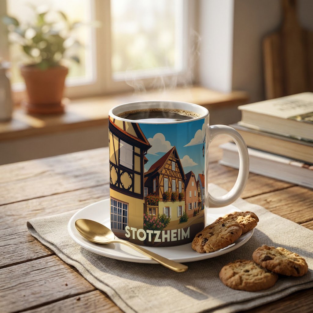 Mug souvenir de la ville de Stotzheim orné d'une illustration stylisée de maisons à colombages.