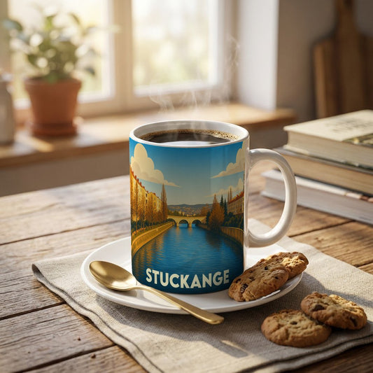 Mug souvenir de la ville de Stuckange orné d'une illustration stylisée d'un canal et de son pont.