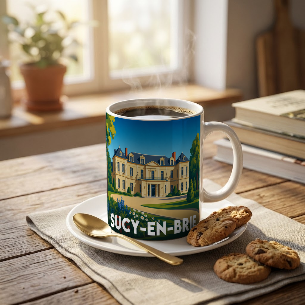Mug souvenir de la ville de Sucy-en-Brie orné d'une illustration stylisée de son château.