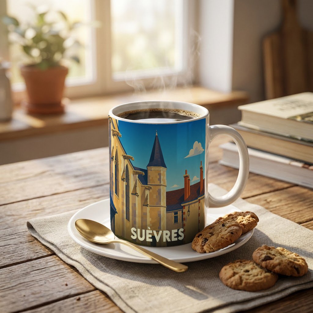 Mug souvenir de la ville de Suèvres illustré d'un décor architectural stylisé.