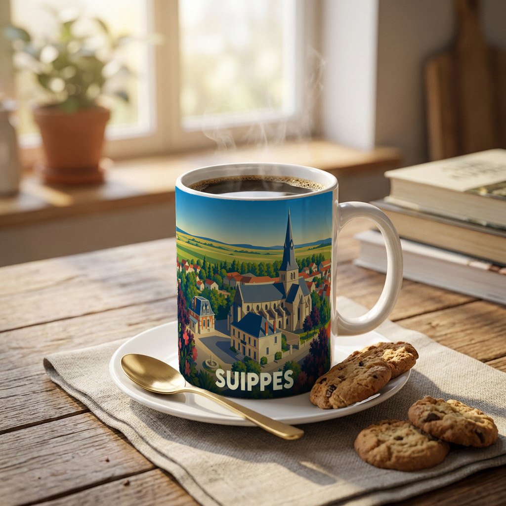 Mug souvenir de la ville de Suippes orné d'une illustration stylisée de son église et de son paysage urbain.