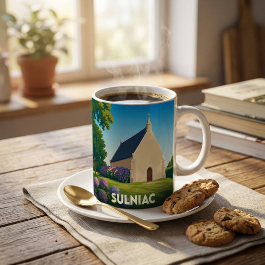 Mug souvenir de la ville de Sulniac orné d'une illustration stylisée de sa chapelle et de fleurs.