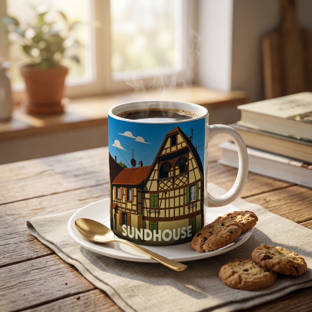 Mug souvenir de la ville de Sundhouse avec une illustration stylisée d'une maison alsacienne à colombages.