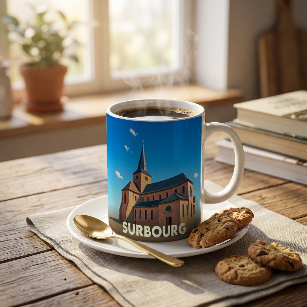 Mug souvenir de la ville de Surbourg avec une illustration stylisée d'une église sur fond bleu.