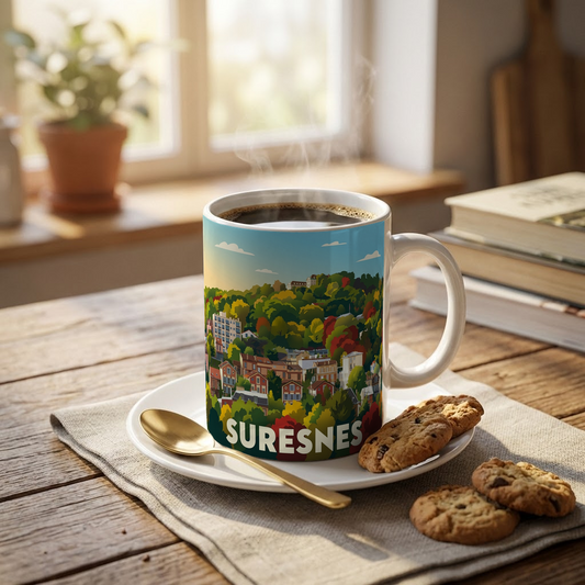 Mug souvenir de la ville de Suresnes avec une illustration colorée et stylisée.