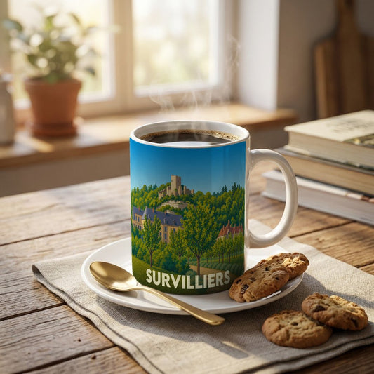 Mug souvenir de la ville de Survilliers avec une illustration stylisée d'un paysage arboré et d'un château.
