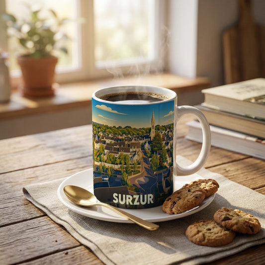 Mug souvenir de la ville de Surzur avec une illustration stylisée d'un paysage urbain.