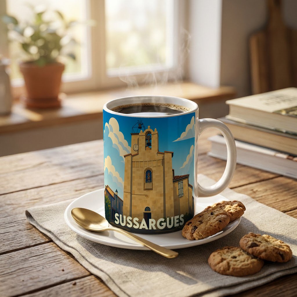 Mug souvenir de la ville de Sussargues avec une illustration stylisée de son église.