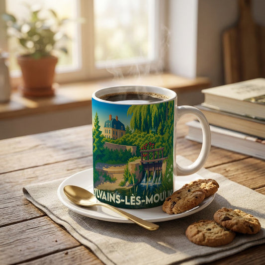 Mug souvenir de la ville de Sylvains-Lès-Moulins orné d'une illustration bucolique et colorée.