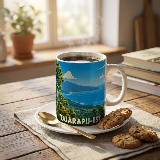 Mug souvenir de la ville de Taiarapu-Est avec une illustration stylisée de son paysage côtier.