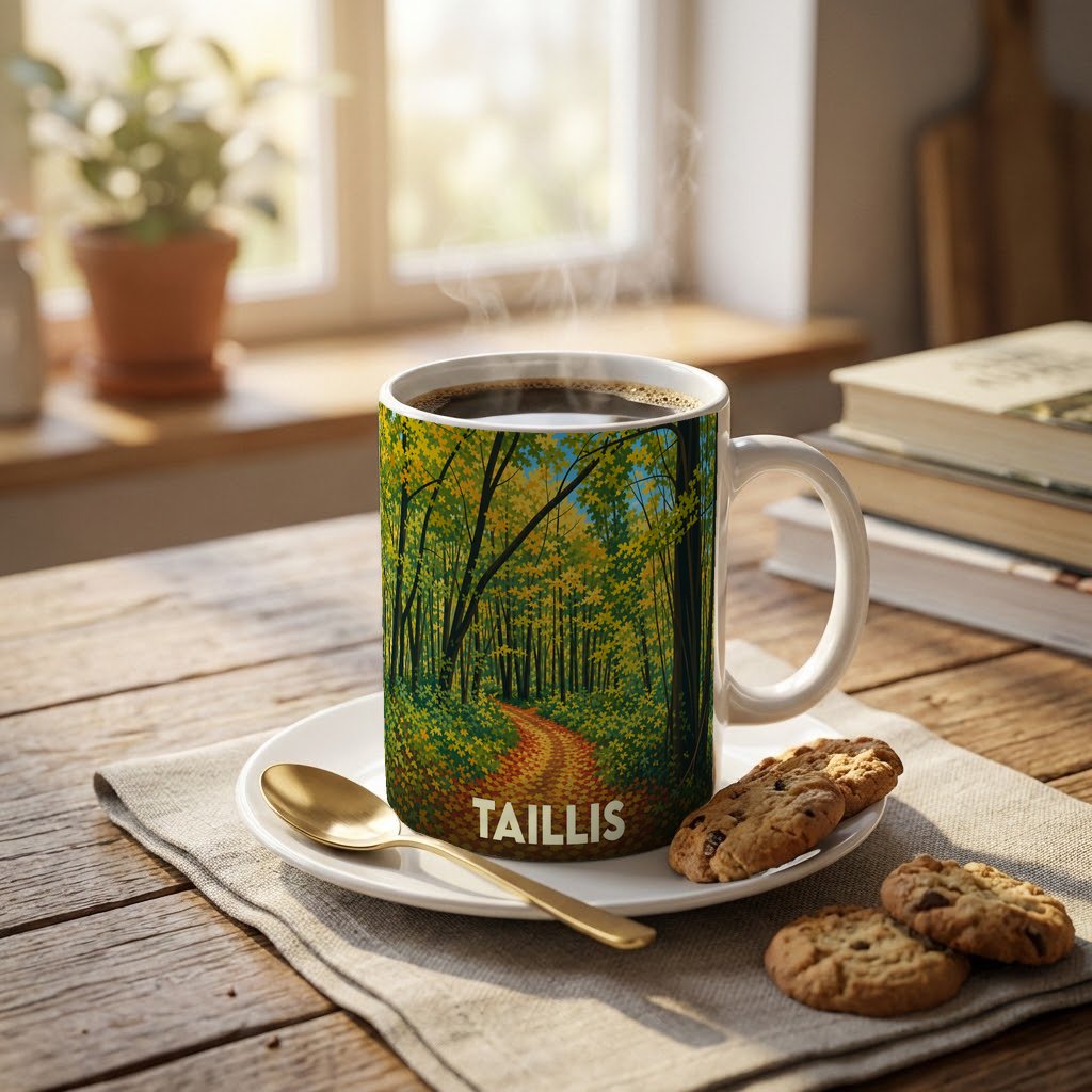 Mug souvenir de la ville de Taillis illustré d'un sentier forestier automnal.