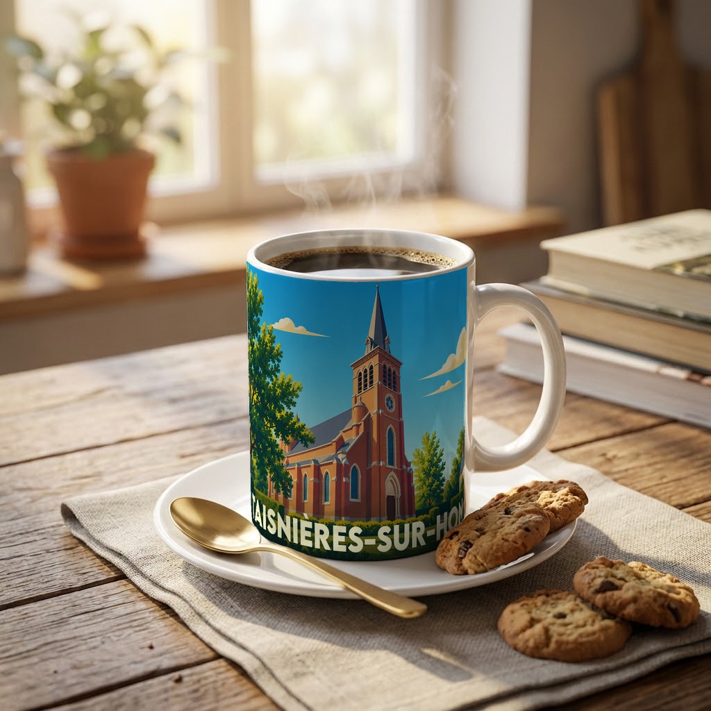Mug souvenir de la ville de Taisnières-sur-Hon illustré d'une église sous un ciel bleu.