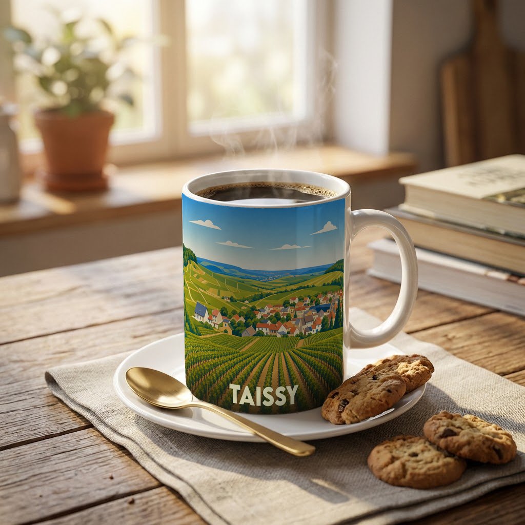 Mug souvenir de la ville de Taissy illustré d'un paysage de vignobles et de maisons de village.