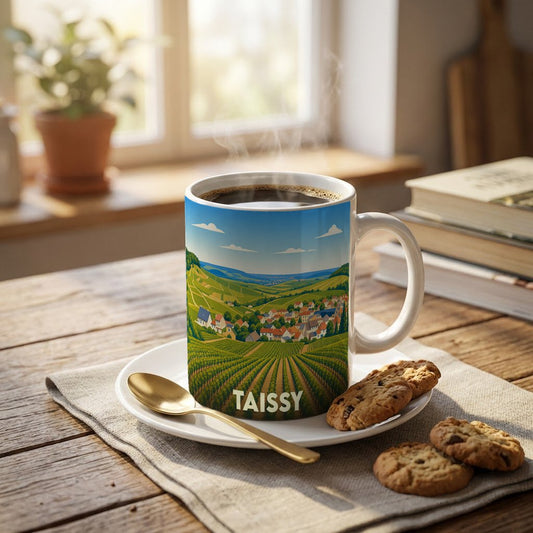 Mug souvenir de la ville de Taissy illustré d'un paysage de vignobles et de maisons de village.