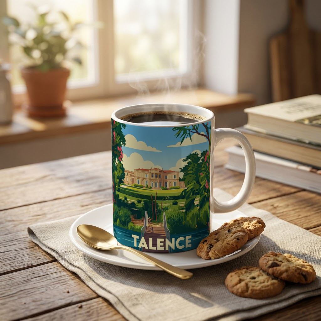 Mug souvenir de la ville de Talence avec une illustration stylisée.