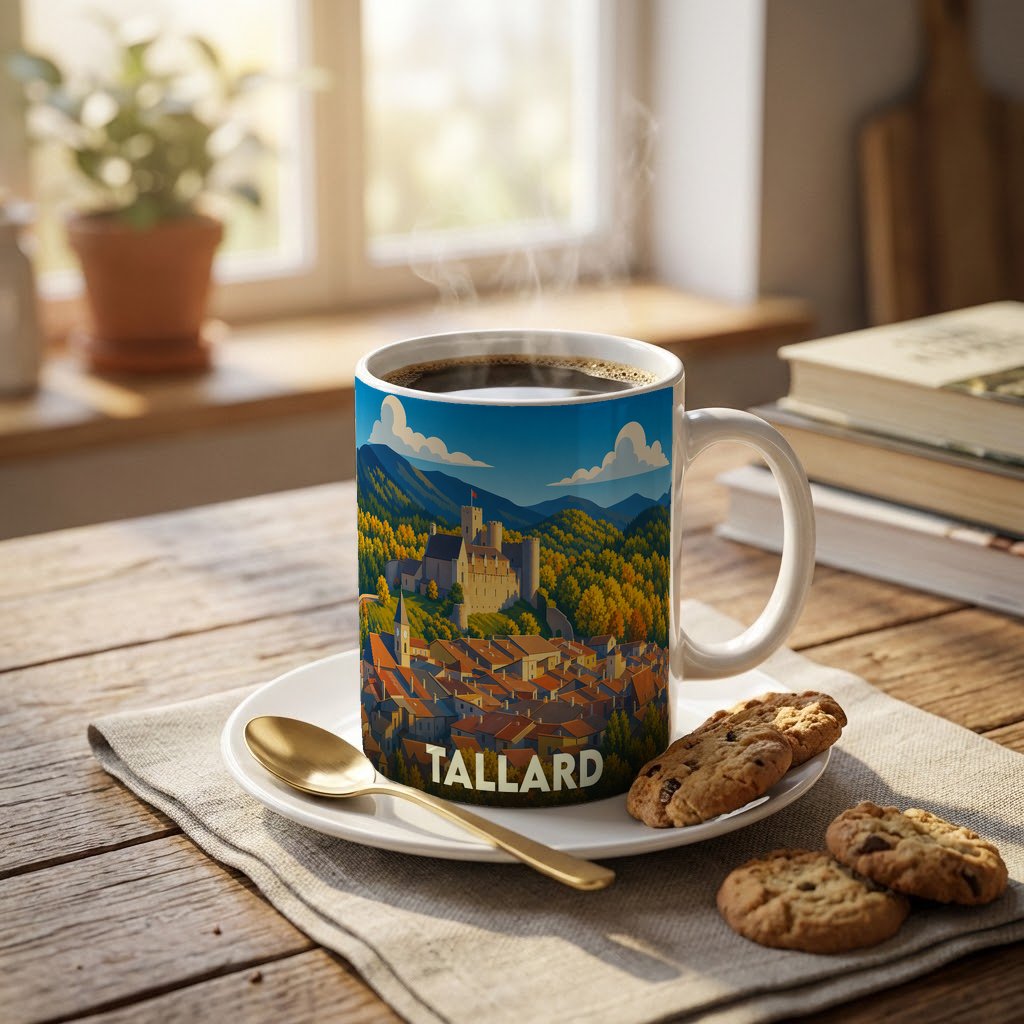 Mug souvenir de la ville de Tallard orné d'une illustration stylisée de son château et de ses toits.