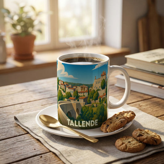 Mug souvenir de la ville de Tallende orné d'une illustration stylisée de ses monuments et paysages.