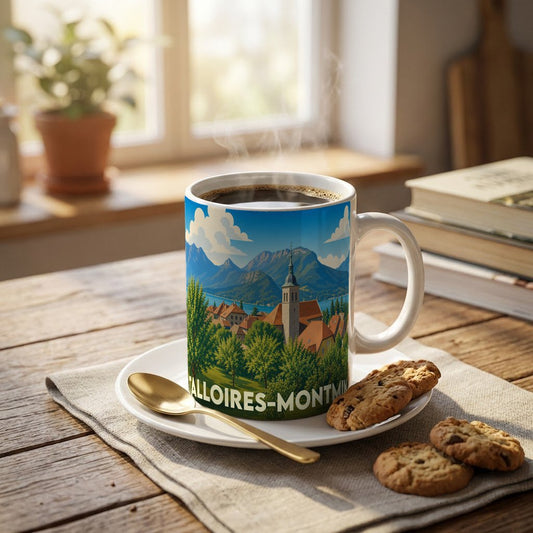 Mug souvenir de la ville de Talloires-Montmin avec une illustration stylisée d'un paysage de montagne.