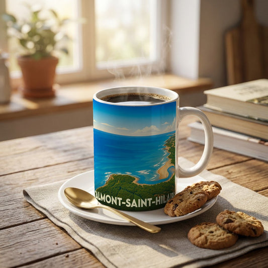 Mug souvenir de la ville de Talmont-Saint-Hilaire avec une illustration côtière stylisée.