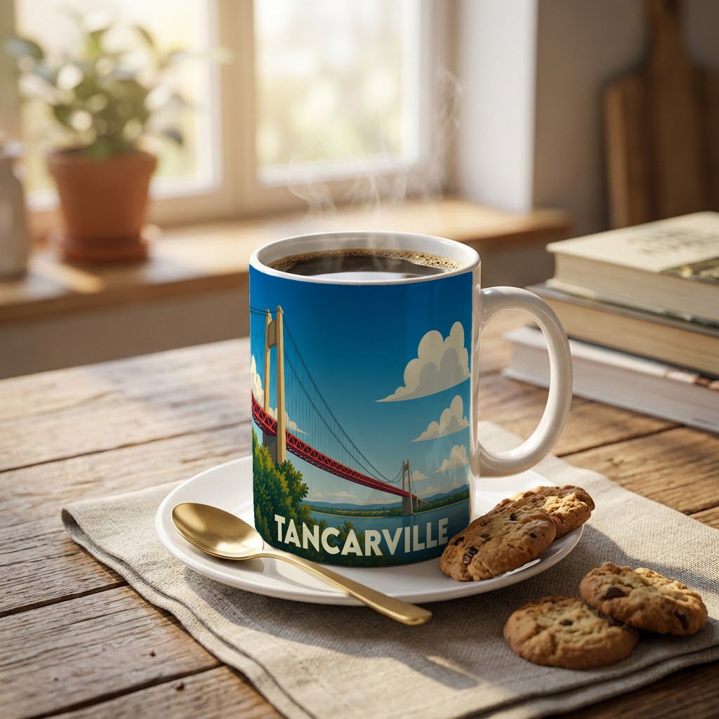 Mug souvenir de la ville de Tancarville illustré d'un pont suspendu stylisé sur fond de ciel bleu.